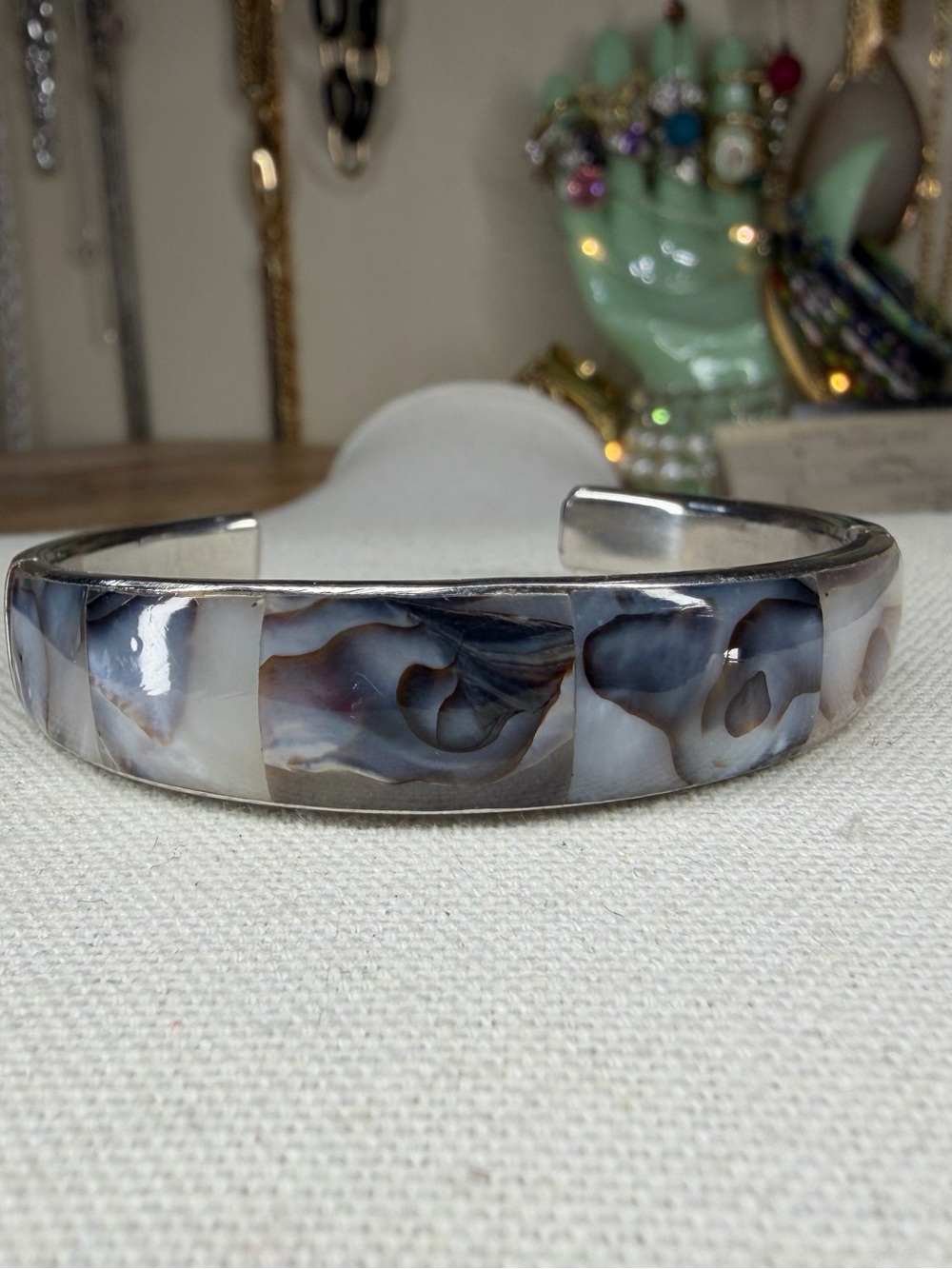 Vintage Cuff Bracelet Blue Abalone Mother Of Pearl Shell Inlay Silver Tone